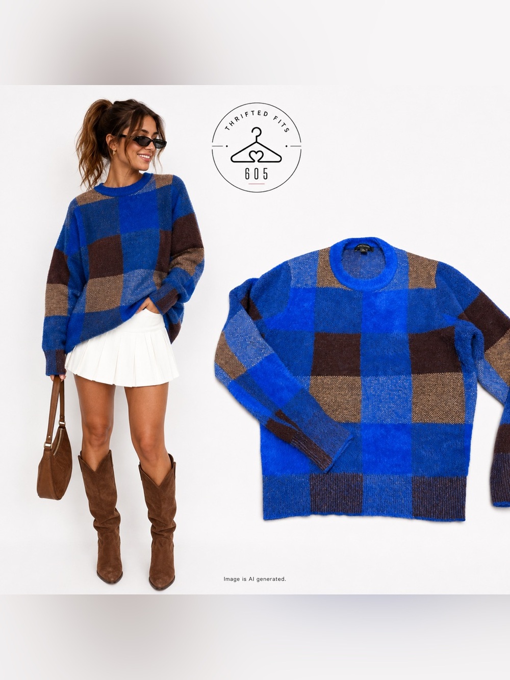 Ann Taylor Blue and Brown Plaid Crewneck Sweater